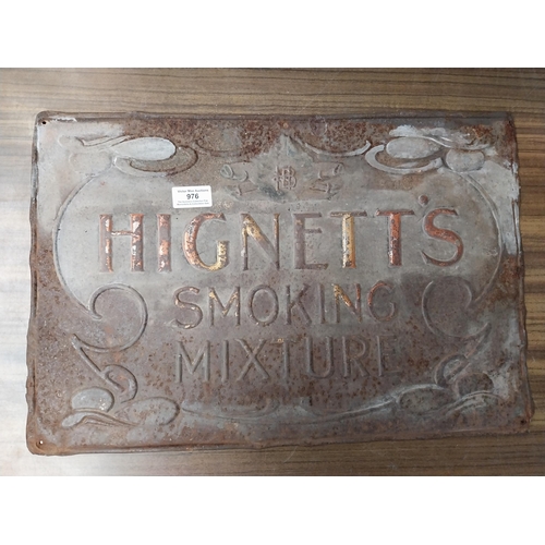 976 - Hignett's Smoking Mixture tinplate advertising sign. {30 cm H x 49 cm W}.