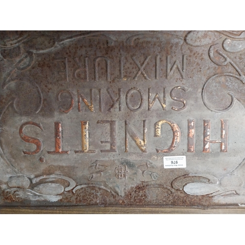 976 - Hignett's Smoking Mixture tinplate advertising sign. {30 cm H x 49 cm W}.