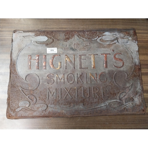 976 - Hignett's Smoking Mixture tinplate advertising sign. {30 cm H x 49 cm W}.