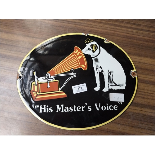 979 - Enamel His Master's Voice advertising sign. {28 cm H x 33 cm W}.