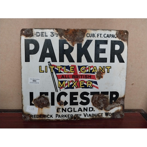 984 - Parker Leicester Little Giant Mixer enamel advertising sign.  {30 cm H x 36 cm W}.