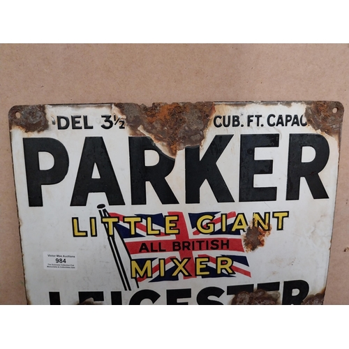 984 - Parker Leicester Little Giant Mixer enamel advertising sign.  {30 cm H x 36 cm W}.