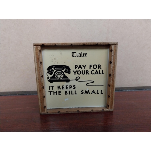 985 - Pay for your calls it keeps the bills small wooden advertising box {10 cm H x 10 cm W x 7 cm D} and ... 