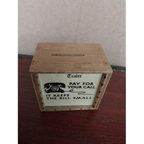 985 - Pay for your calls it keeps the bills small wooden advertising box {10 cm H x 10 cm W x 7 cm D} and ... 