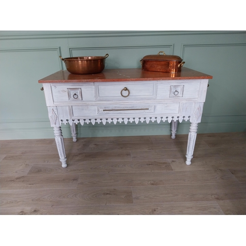 10 - Good quality French painted pine kitchen island or butcher table with marble top and brass fittings ... 