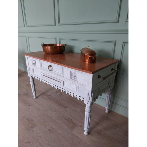 10 - Good quality French painted pine kitchen island or butcher table with marble top and brass fittings ... 