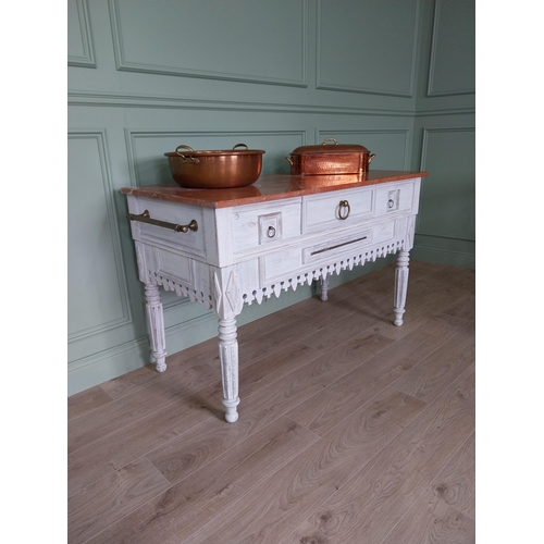 10 - Good quality French painted pine kitchen island or butcher table with marble top and brass fittings ... 