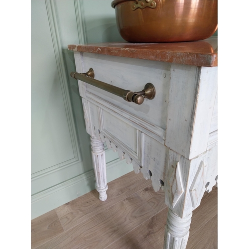 10 - Good quality French painted pine kitchen island or butcher table with marble top and brass fittings ... 