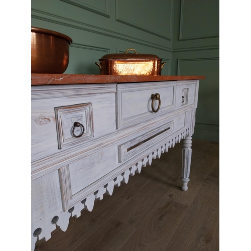 10 - Good quality French painted pine kitchen island or butcher table with marble top and brass fittings ... 