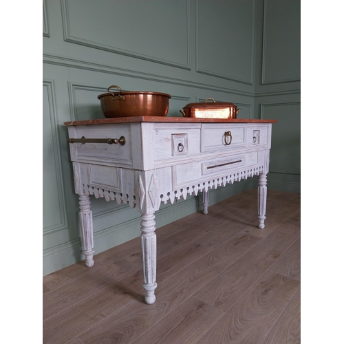 10 - Good quality French painted pine kitchen island or butcher table with marble top and brass fittings ... 