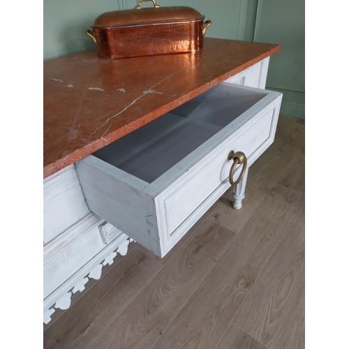 10 - Good quality French painted pine kitchen island or butcher table with marble top and brass fittings ... 