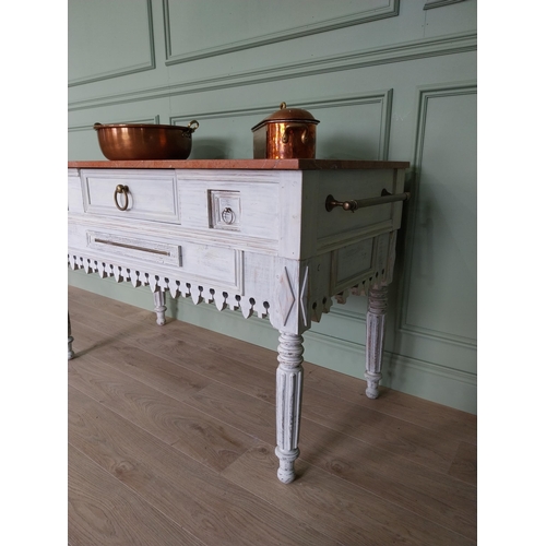 10 - Good quality French painted pine kitchen island or butcher table with marble top and brass fittings ... 