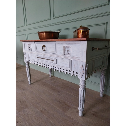 10 - Good quality French painted pine kitchen island or butcher table with marble top and brass fittings ... 