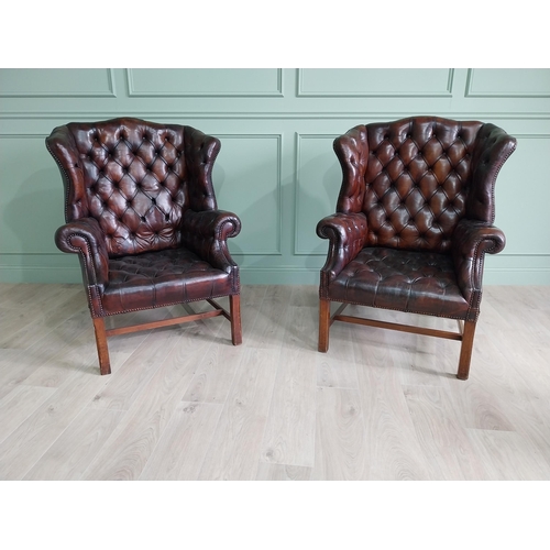 100 - Pair of good quality early 20th C. hand died cigar leather deep buttoned wing back chairs raised on ... 