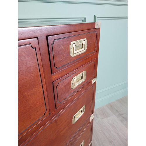 101 - Exceptional quality mahogany brass bound campaign style chest of drawers raised on bun feet {104 cm ... 