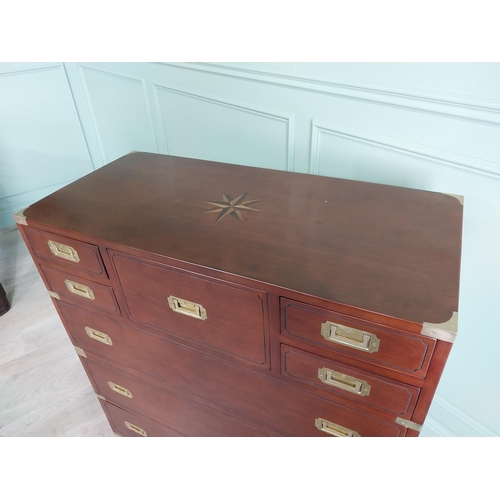 102 - Exceptional quality mahogany brass bound campaign style chest of drawers raised on bun feet {104 cm ... 