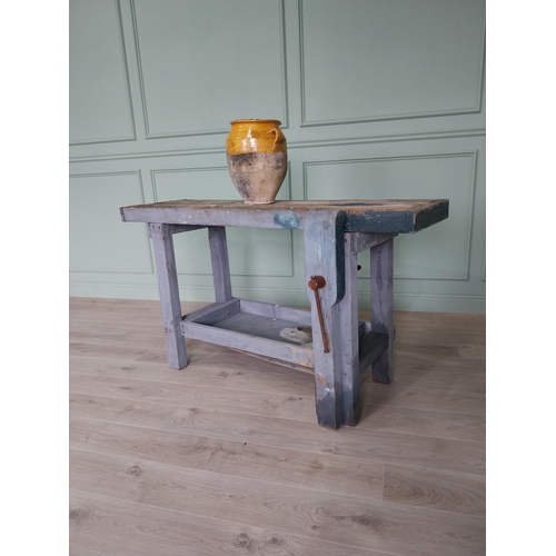 103 - Early 20th C. painted pine work bench {87 cm H x 156 cm W x 60 cm D}.