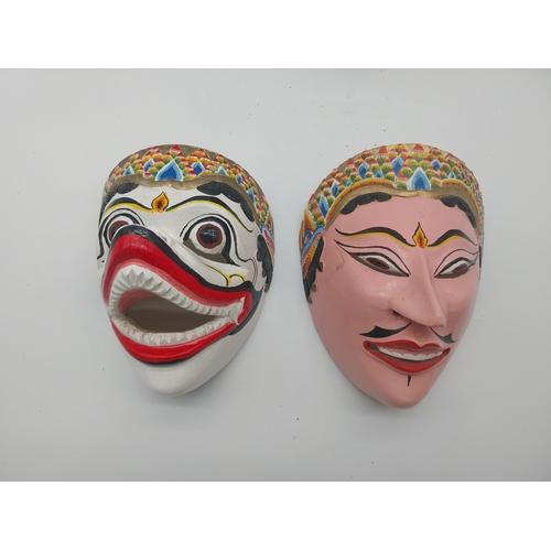 108 - Collection of six hand painted coconut tree wood tribal masks {Approx. 20 cm H x 16 cm W x 14 cm D}.