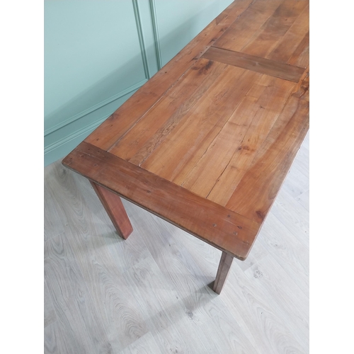 114 - Good quality early 20th C. cherrywood kitchen table with three drawers in the frieze raised on squar... 