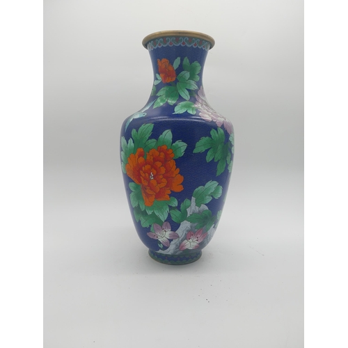 117 - Good quality cloisonne Oriental vase decorated with flowers {40 cm H x 20 cm Dia.}.