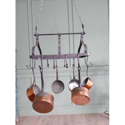 118 - Good quality wrought iron pot rack {49 cm H x 72 cm W x 50 cm D}.