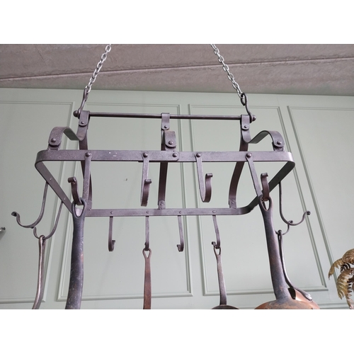 118 - Good quality wrought iron pot rack {49 cm H x 72 cm W x 50 cm D}.