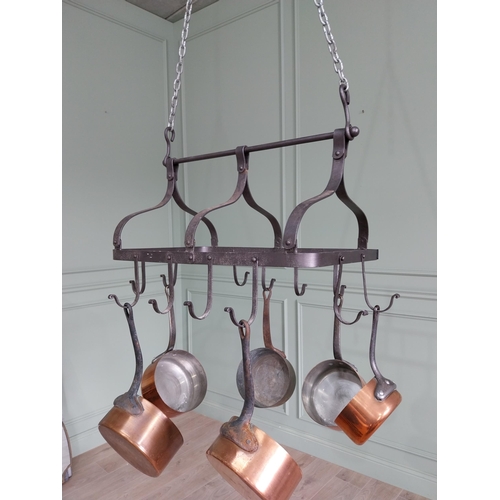 118 - Good quality wrought iron pot rack {49 cm H x 72 cm W x 50 cm D}.