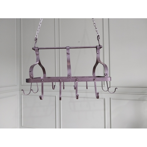 118 - Good quality wrought iron pot rack {49 cm H x 72 cm W x 50 cm D}.