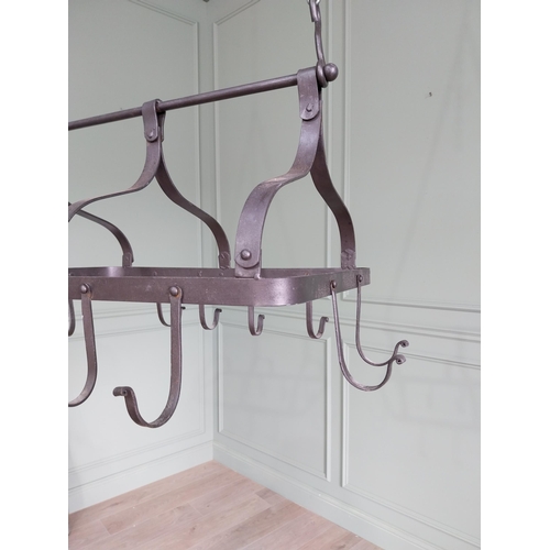 118 - Good quality wrought iron pot rack {49 cm H x 72 cm W x 50 cm D}.