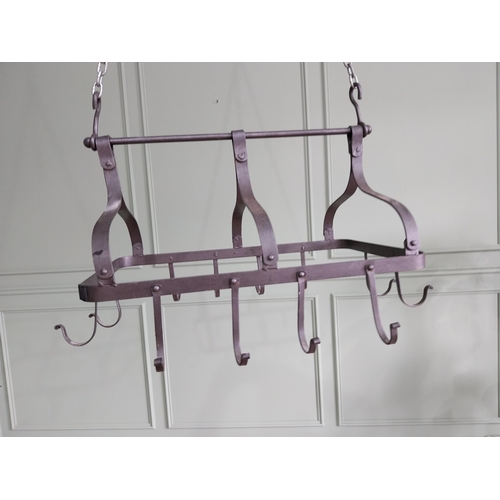 118 - Good quality wrought iron pot rack {49 cm H x 72 cm W x 50 cm D}.