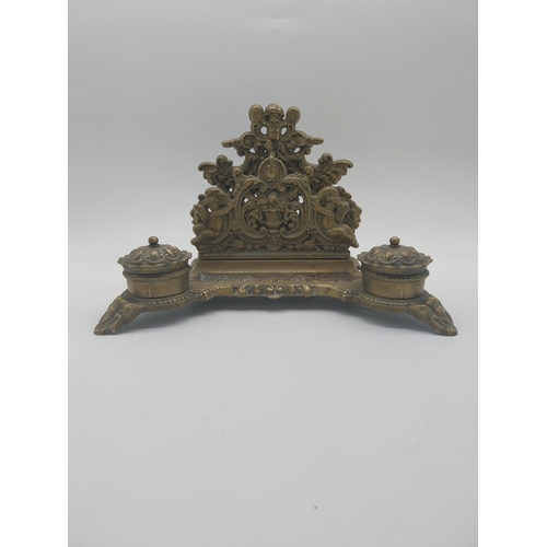 124 - Decorative brass letter rack and ink well {20 cm H x 30 cm W x 20 cm D}.