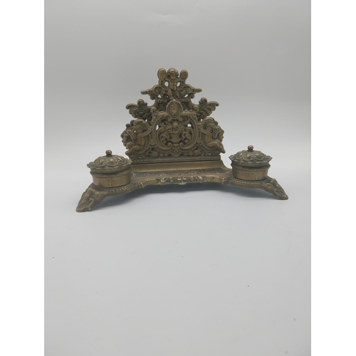 124 - Decorative brass letter rack and ink well {20 cm H x 30 cm W x 20 cm D}.