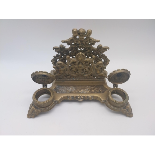 124 - Decorative brass letter rack and ink well {20 cm H x 30 cm W x 20 cm D}.