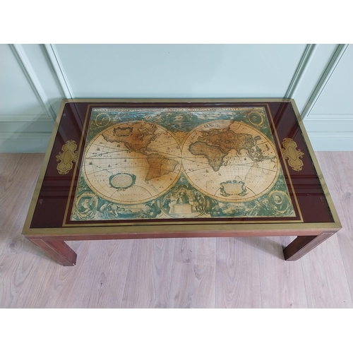 132 - Good quality mahogany and brass inlaid coffee table with world map insert raised on square legs and ... 