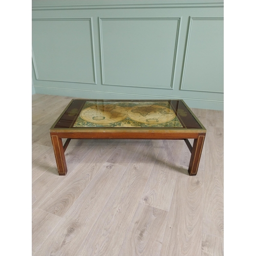 132 - Good quality mahogany and brass inlaid coffee table with world map insert raised on square legs and ... 