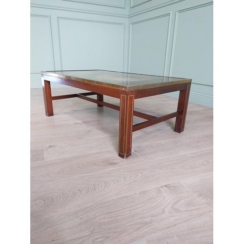 132 - Good quality mahogany and brass inlaid coffee table with world map insert raised on square legs and ... 