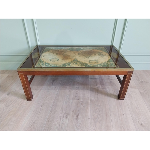 132 - Good quality mahogany and brass inlaid coffee table with world map insert raised on square legs and ... 