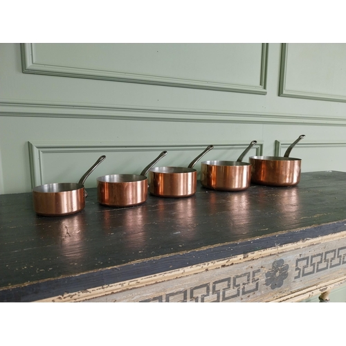 143 - Set of five French copper saucepans {20 cm H x 39 cm W x 20 cm D and 13 cm H x 22 cm W x 12 cm D}.