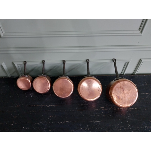 143 - Set of five French copper saucepans {20 cm H x 39 cm W x 20 cm D and 13 cm H x 22 cm W x 12 cm D}.