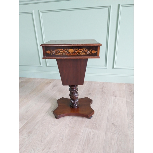 146 - Edwardian rosewood and satinwood inlaid work table raised on turned column and platform base { 72 cm... 