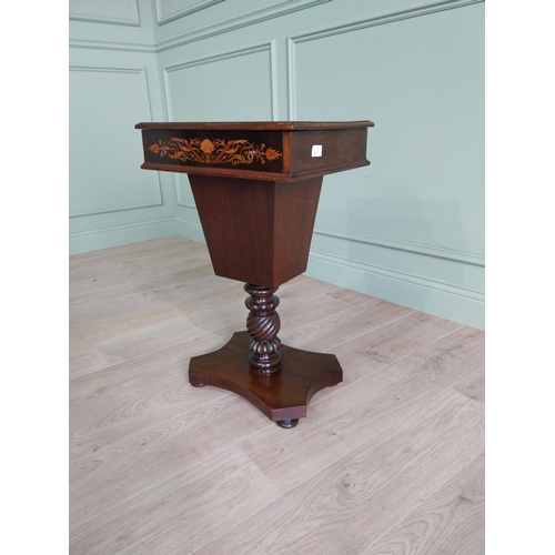 146 - Edwardian rosewood and satinwood inlaid work table raised on turned column and platform base { 72 cm... 