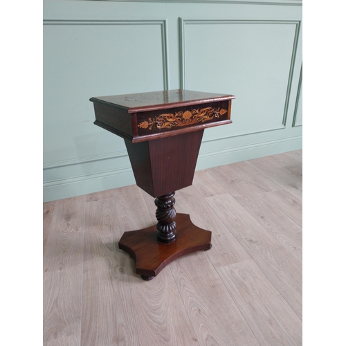 146 - Edwardian rosewood and satinwood inlaid work table raised on turned column and platform base { 72 cm... 