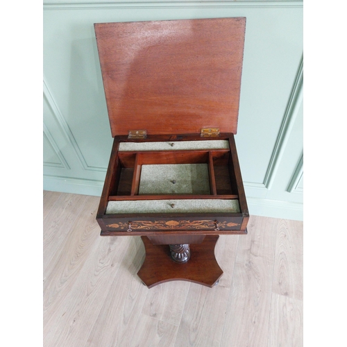 146 - Edwardian rosewood and satinwood inlaid work table raised on turned column and platform base { 72 cm... 