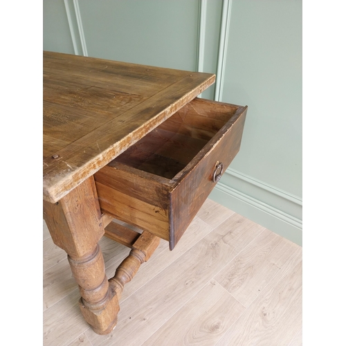 151 - Good quality oak kitchen table raised on turned legs and single stretcher {79 cm H x 210 cm W x 82 c... 