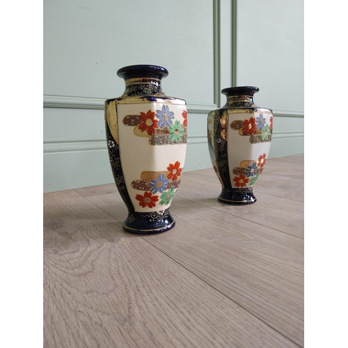 155 - Pair of early 20th C. Oriental hand painted and gilded vases {25 cm H x 13 cm Dia.}.