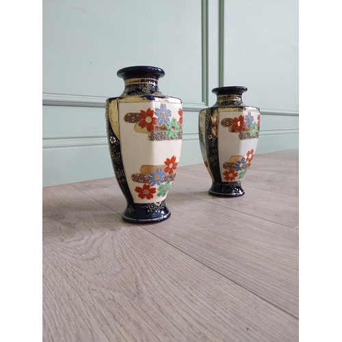 155 - Pair of early 20th C. Oriental hand painted and gilded vases {25 cm H x 13 cm Dia.}.