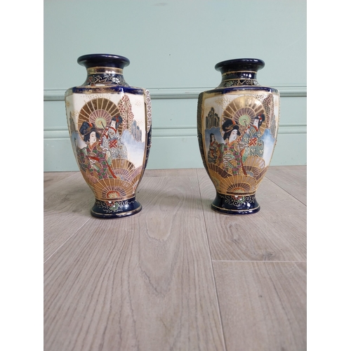 155 - Pair of early 20th C. Oriental hand painted and gilded vases {25 cm H x 13 cm Dia.}.