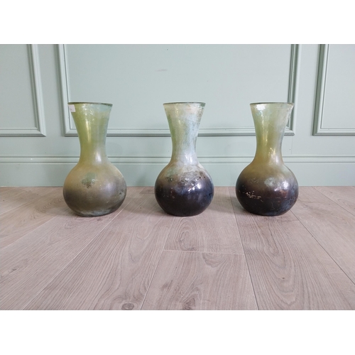 157 - Three early 20th C. green glass onion vases {35 cm H x 20 cm Dia.}.