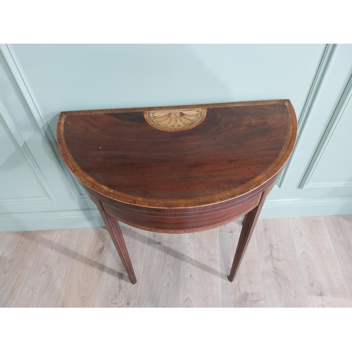 167 - Early 19th C. mahogany and satinwood inlaid turn over leaf demi-lune card table raised on square tap... 