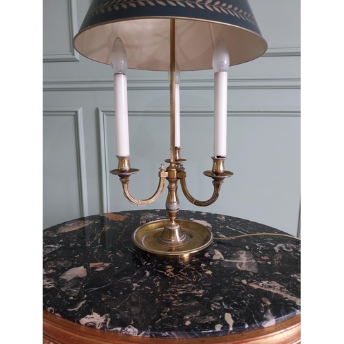 169 - Good quality brass table lamp with painted shade {80 cm H x 40 cm Dia.}.